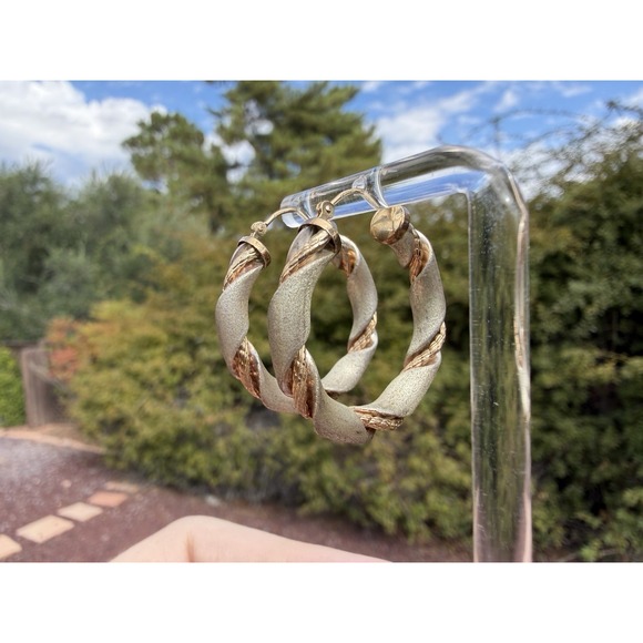 Vintage 14k Solid Yellow Gold Sterling Silver Hoop Earrings - Wire Braid Twist
